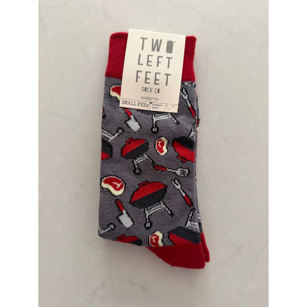 Two Left Feet Sock Co Barbecue BBQ Novelty Crew‎ Socks Gray Red Small Feet NWT